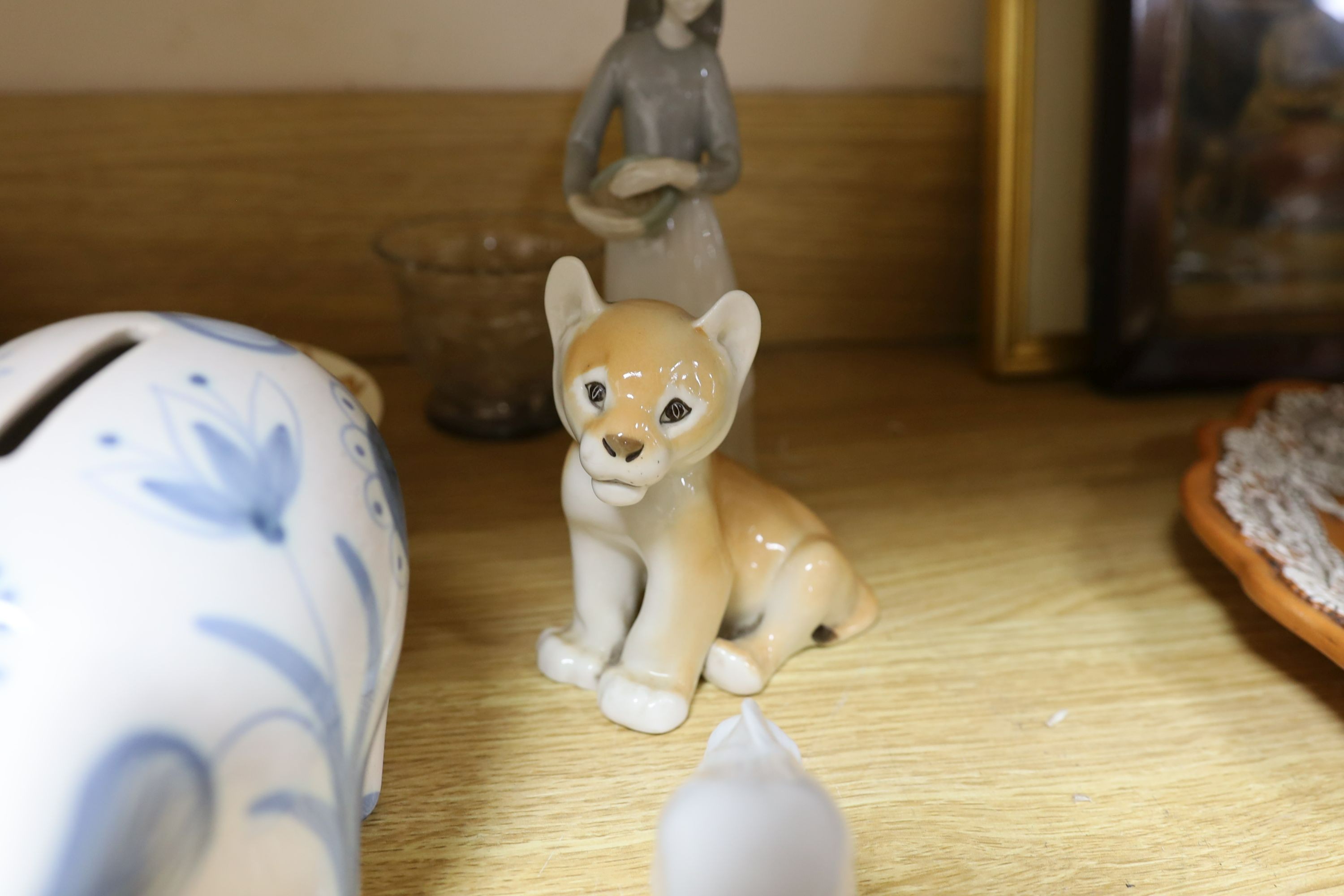 A Rye pottery pig money box and sundry china including Lladro and Bunnykins